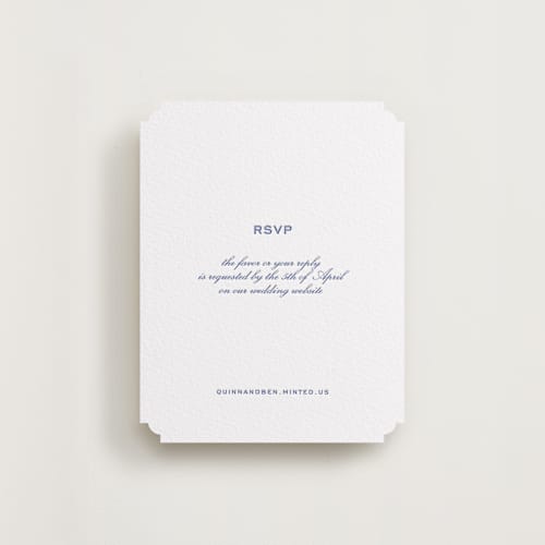 This is a mediterranean rsvp cards with letterpress by Megan Davis called brasserie printing on white cotton in standard