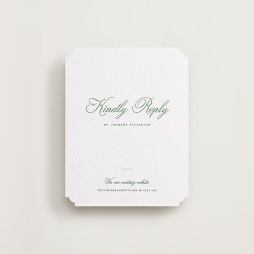 This is a fern rsvp cards with letterpress by Blustery August called keepsake printing on white cotton in standard