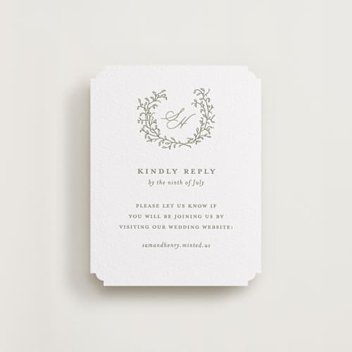 This is a artichoke rsvp cards with letterpress by Katherine Moynagh called garden script printing on white cotton in standard