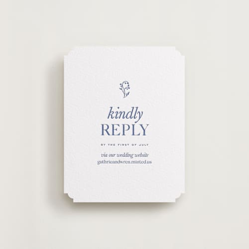 This is a lapis rsvp cards with letterpress by Bramble Studio called bluebell dinner printing on white cotton in standard