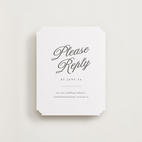 This is a soft black rsvp cards with letterpress by Nicole Walsh called tux printing on white cotton in standard