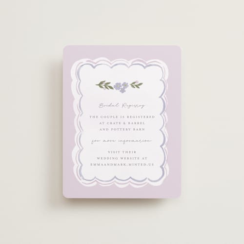 This is a lilac bridal shower insert cards with standard by Rebecca Durflinger called pretty little floral printing on signature in standard