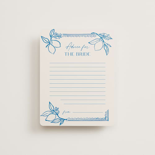 This is a cobalt bridal shower insert cards with standard by Pati Cascino called mediterraneo printing on signature in standard