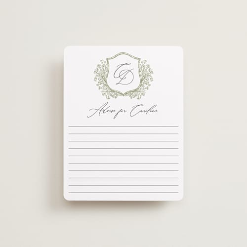 This is a olive bridal shower insert cards with standard by Erin Deegan called traditional monogram printing on signature in standard