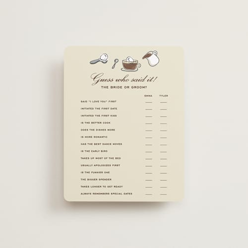 This is a cream bridal shower insert cards with standard by Jennifer Lew called espresso printing on signature in standard