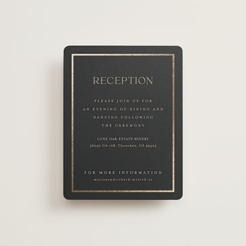 This is a charcoal foil stamped wedding invitations with foil pressed by Lucrecia Caporale called timeless charm printing on signature in standard