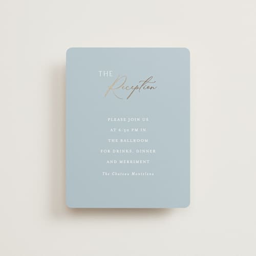 This is a dusty blue foil stamped wedding invitations with foil pressed by Angela Thompson called delicacy printing on signature in standard
