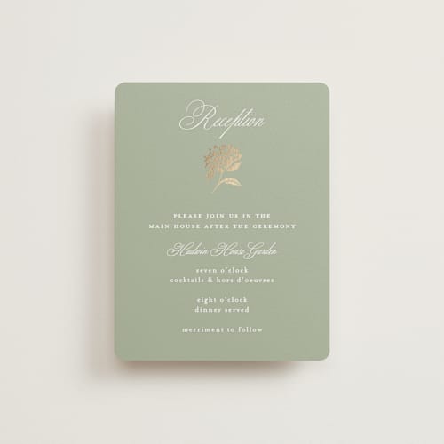 This is a tea time foil stamped wedding invitations with foil pressed by Susan Zinader called shimmering hydrangeas printing on signature in standard