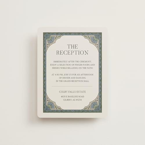 This is a robin's egg reception cards with standard by Jen Owens called century printing on signature in standard
