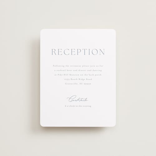This is a dusty blue reception cards with standard by Stacey Meacham called modern air printing on signature in standard