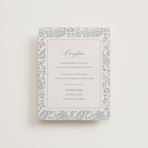This is a dusty blue reception cards with standard by Jen Owens called embroidered printing on signature in standard