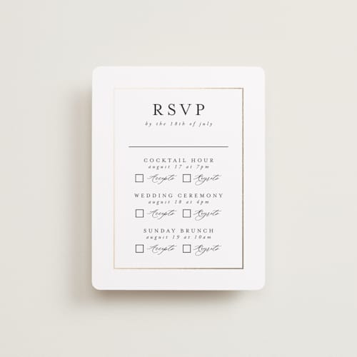 This is a pearl rsvp cards with foil pressed by Nicole Walsh called gilded frame printing on signature in standard