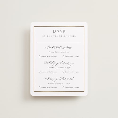 This is a cotton rsvp cards with foil pressed by Stacey Meacham called luster printing on signature in standard