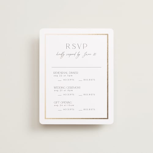This is a porcelain rsvp cards with foil pressed by Nicole Walsh called regal printing on signature in standard