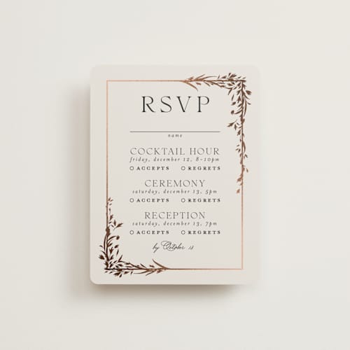 This is a almond rsvp cards with foil pressed by Erin L. Wilson called trailing vines printing on signature in standard