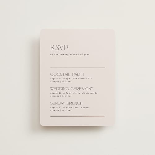 This is a linen rsvp cards with foil pressed by Kelly Schmidt called modern corner printing on signature in standard