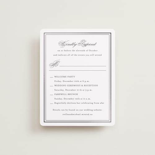 This is a cotton rsvp cards with foil pressed by Jennifer Postorino called polished printing on signature in standard