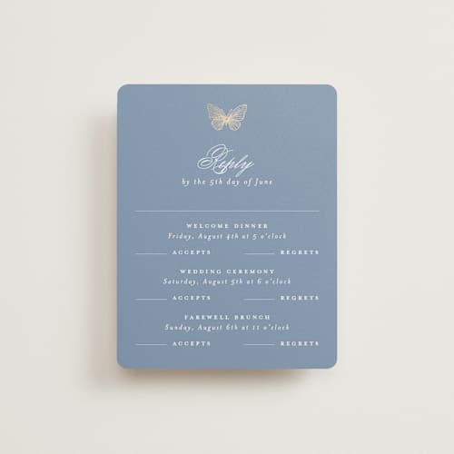 This is a cornflower rsvp cards with foil pressed by Grae called meet me in the garden printing on signature in standard