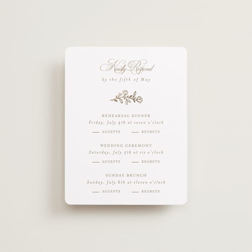 This is a ivory rsvp cards with foil pressed by Mansi Verma called gold crest printing on signature in standard