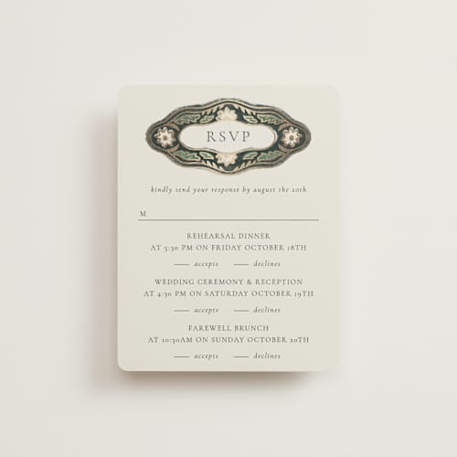 This is a emerald rsvp cards with foil pressed by Jen Owens called frame printing on signature in standard