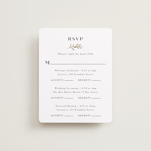 This is a black dahlia rsvp cards with foil pressed by Olivia Raufman called petite sprig printing on signature in standard