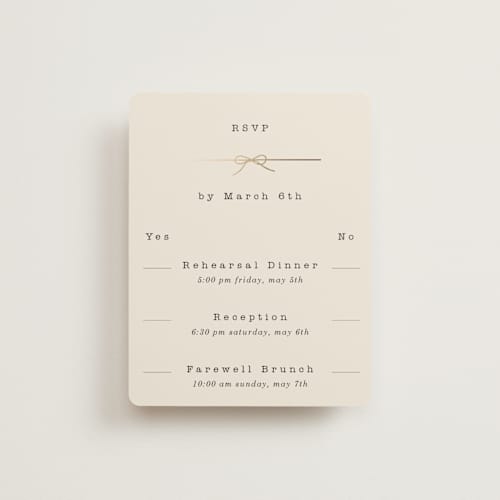This is a ivory rsvp cards with foil pressed by Baumbirdy called bow tie printing on signature in standard