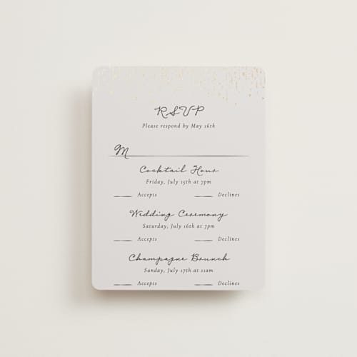 This is a noir rsvp cards with foil pressed by Jackie Crawford called hand illustrated whimsical chandelier printing on signature in standard