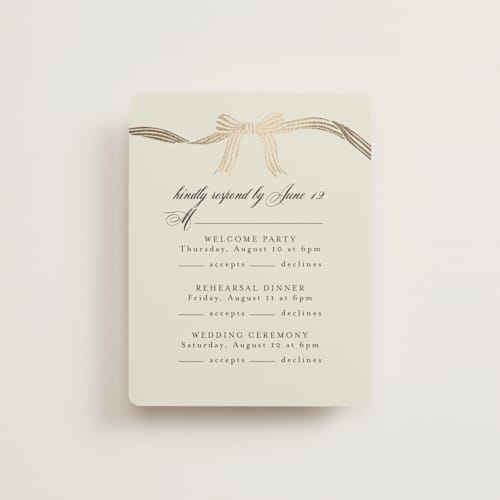 This is a champagne rsvp cards with foil pressed by Chris Griffith called all tied up printing on signature in standard