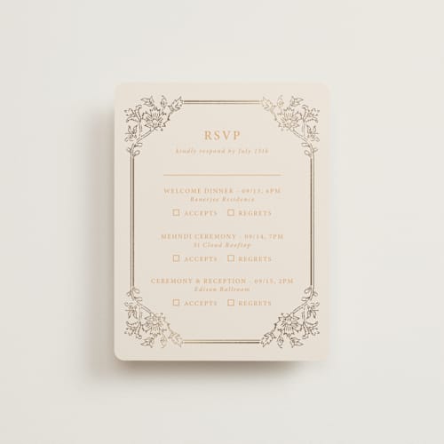 This is a ochre rsvp cards with foil pressed by Hannah Bowman called marigold printing on signature in standard