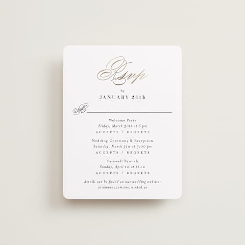 This is a cotton rsvp cards with foil pressed by Jennifer Postorino called gilded ampersand printing on signature in standard
