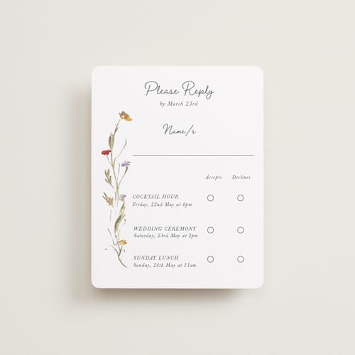 This is a garden green rsvp cards with foil pressed by Lucrecia Caporale called coastal bloom printing on signature in standard