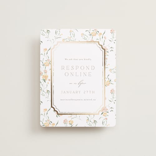This is a golden summer rsvp cards with foil pressed by Erin L. Wilson called victorian trellis printing on signature in standard