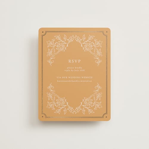 This is a ochre rsvp cards with foil pressed by Hannah Bowman called marigold printing on signature in standard