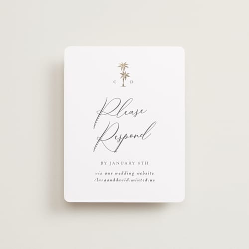 This is a leaf rsvp cards with foil pressed by Olivia Raufman called palm monogram printing on signature in standard