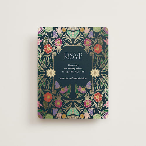 This is a midnight garden rsvp cards with foil pressed by Simona Camp called gilded tapestry printing on signature in standard