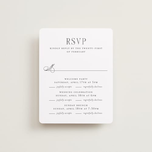 This is a tuxedo rsvp cards with standard by Megan Davis called hepburn printing on signature in standard