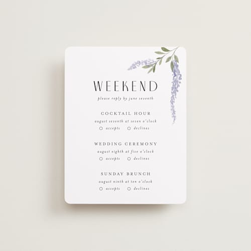 This is a lavender rsvp cards with standard by Design Lotus called enchanted evening printing on signature in standard