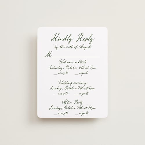 This is a moss rsvp cards with standard by Cass Loh called handwritten printing on signature in standard