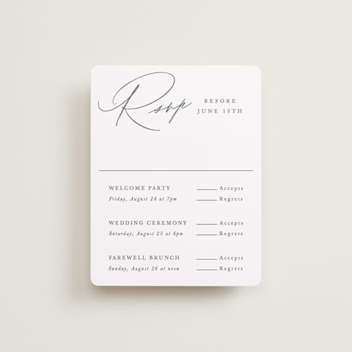 This is a pearl rsvp cards with standard by Hooray Creative called scripted names printing on signature in standard