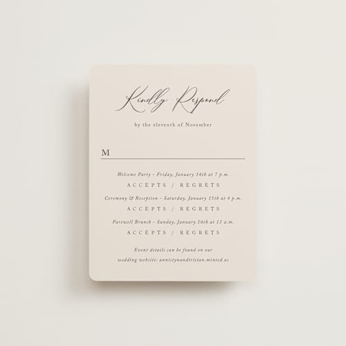 This is a mocha rsvp cards with standard by Jennifer Postorino called love story printing on signature in standard