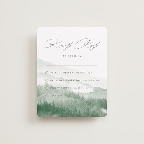 This is a fern rsvp cards with standard by Helen Halik called over the mountains printing on signature in standard