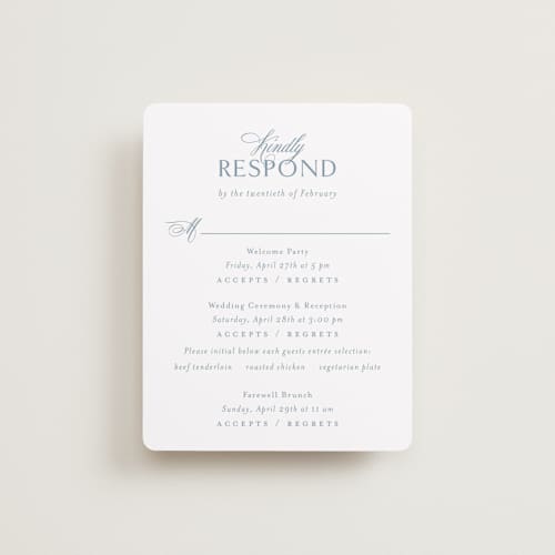 This is a dusty blue rsvp cards with standard by Jennifer Postorino called coastal charm printing on signature in standard