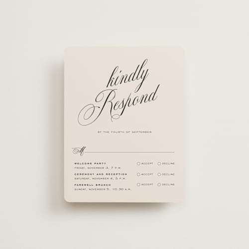 This is a almond rsvp cards with standard by Eric Clegg called modern romance printing on signature in standard