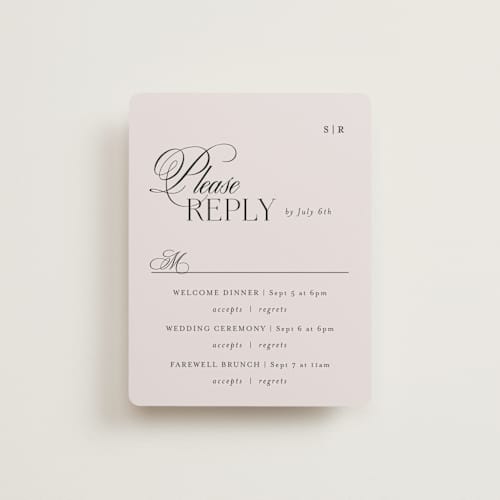 This is a ivory rsvp cards with standard by Melanie Kosuge called sibonie printing on signature in standard