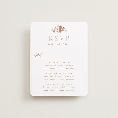 This is a pomegranate rsvp cards with standard by Everett Paper Goods called roses crest printing on signature in standard