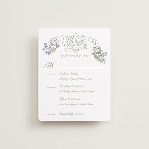 This is a violet rsvp cards with standard by Jenna Holcomb called forget me nots printing on signature in standard