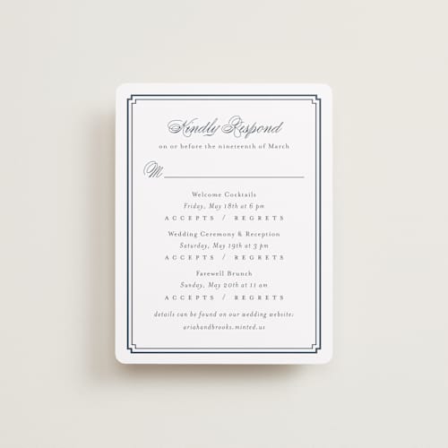This is a french blue rsvp cards with standard by Jennifer Postorino called ariah printing on signature in standard