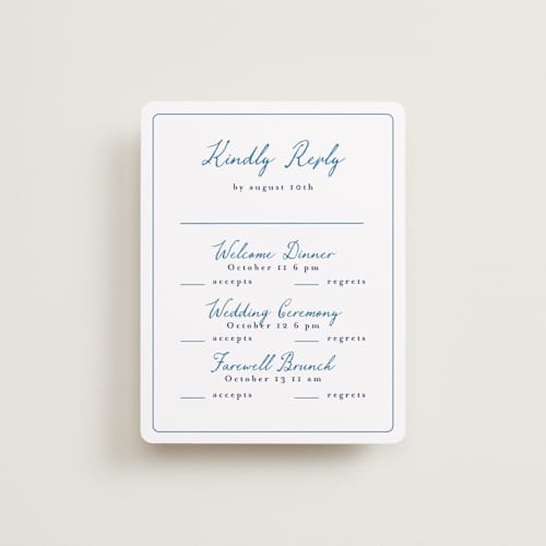 This is a cerulean rsvp cards with standard by Tamara Hilje called positano printing on signature in standard