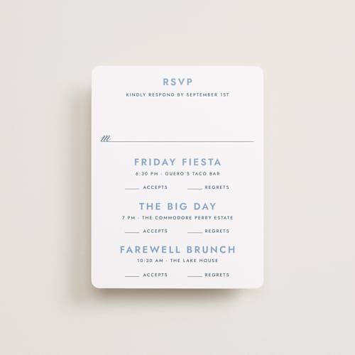 This is a blue bell rsvp cards with standard by Megan Davis called montauk printing on signature in standard