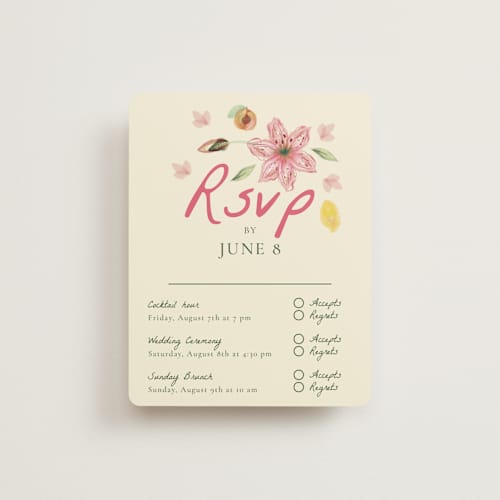 This is a blush rsvp cards with standard by Emily Miranda called romantic tropical wedding printing on signature in standard
